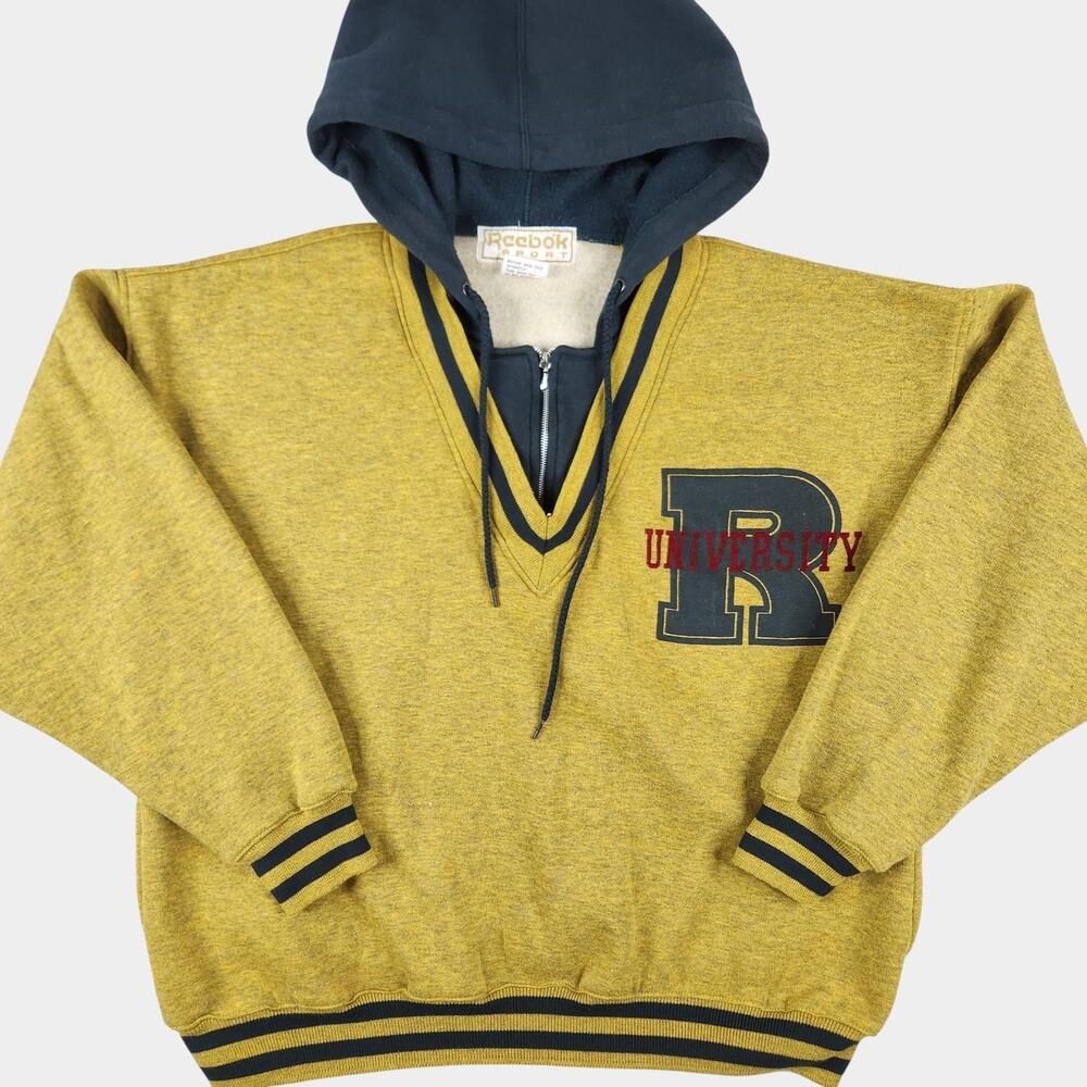 Vintage Reebok Sport Sweatshirt Adult Medium Yellow Navy Hooded Varsity V-Neck